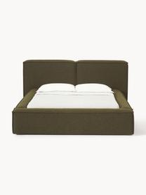 Letto imbottito in bouclé Lennon, Rivestimento: bouclé (80% poliestere, 2, Rivestimento: schiuma, certificata Cert, Struttura: legno di pino massiccio, , Piedini: legno, plastica Questo pr, Bouclé verde oliva, Larg. 208 x Lung. 243 cm (superfice 140 x 200 cm)