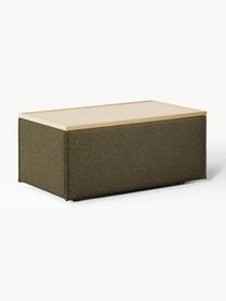 Sofa-Hocker Lennon aus Bouclé mit Stauraum, Bezug: Bouclé (80 % Polyester, 2, Tablett: Eichenholz, Spannplatte m, Gestell: Spanplatte, mitteldichte , Füße: Kunststoff Dieses Produkt, Bouclé Olivgrün, helles Eichenholz, B 88 x T 50 cm