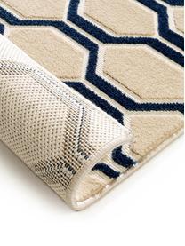 Vloerkleed Diamond Key met hoog-laag effect in donkerblauw-beige, Bovenzijde: polypropyleen, Onderzijde: 70% jute, 30% kunstlatex, Donkerblauw, beige, B 240 x L 340 cm (Maat XL)