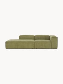 Chaise longue componibile in velluto a coste Lennon, Rivestimento: velluto a coste (92% poli, Struttura: legno di pino massiccio, , Piedini: plastica, Velluto a coste verde oliva, Larg. 269 x Prof. 119 cm, schienale a destra