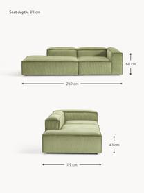 Chaise longue componibile in velluto a coste Lennon, Rivestimento: velluto a coste (92% poli, Struttura: legno di pino massiccio, , Piedini: plastica Questo prodotto , Velluto a coste verde oliva, Larg. 269 x Prof. 119 cm, schienale a destra