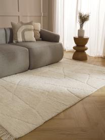 Tapis moelleux à poils longs à franges, tufté main Bayu, 84 % laine, 16 % coton

Les tapis en laine peuvent perdre des fibres lors des premières semaines et des peluches peuvent se former, ce phénomène est naturel et diminue à mesure de votre usage et du temps, Blanc crème, larg. 80 x long. 150 cm (taille XS)