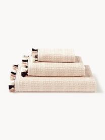 Set de toallas de terciopelo con flecos Tallulah, tamaños diferentes, Beige, tonos blancos y beige, Set de 4 (toallas lavabo y toallas de ducha)