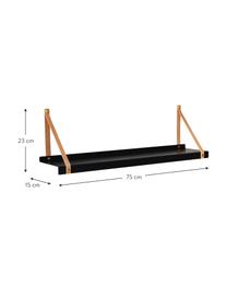 Wandplank Shelfie, Plank: gepoedercoat metaal, Riemen: leer, Zwart, bruin, B 75 x D 15 cm