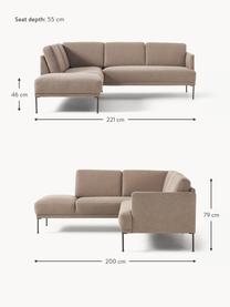 Divano angolare Fluente, Rivestimento: 100% poliestere Con 115.0, Struttura: legno di pino massiccio, Piedini: metallo verniciato a polv, Tessuto taupe, Larg. 221 x Prof. 200 cm, chaise longue a sinistra