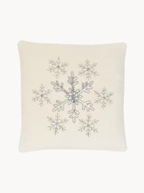 Geborduurde fluwelen kussenhoes Snowflake met bies, Fluweel (100% katoen), Crèmewit, zilverkleurig, B 45 x L 45 cm