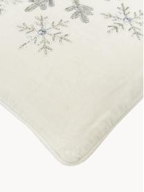 Geborduurde fluwelen kussenhoes Snowflake met bies, Fluweel (100% katoen), Crèmewit, zilverkleurig, B 45 x L 45 cm