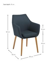 Sedia con braccioli e gambe in legno Nora, Rivestimento: 100% poliestere Il rivest, Gambe: legno di quercia, Tessuto blu scuro, gambe: quercia, Larg. 58 x Prof. 58 cm