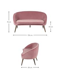 Fluwelen bank Safir (2-zits) in roze met houten poten, Bekleding: polyester fluweel, Poten: gebeitst walnoothout, Fluweel frambooskleurig, B 136  x D 66 cm