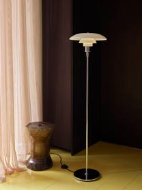 Kleine vloerlamp PH 3½-2½, mondgeblazen, Lampenkap: opaalglas, mondgeblazen, Lampvoet: messing, verchroomd, Zilverkleurig, wit, H 130 cm
