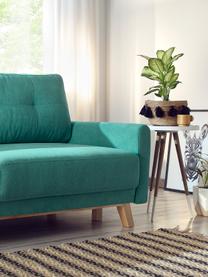 Divano letto 3 posti in velluto con contenitore Balio, Rivestimento: 100% velluto di poliester, Piedini: Legno, Tessuto verde smeraldo, legno di faggio, legno chiaro, Larg. 216 x Alt. 102 cm