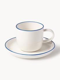 Tasses à expresso en porcelaine Facile, 2 pièces, Porcelaine robuste de haute qualité (env. 50 % kaolin, 25 % quartz et 25 % feldspath), Blanc cassé avec bordure bleu foncé, Ø 7 x haut. 6 cm, 130 ml