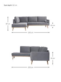 Sofa narożna z aksamitu z nogami z drewna dębowego Saint (3-osobowa), Tapicerka: aksamit (poliester) Dzięk, Szary aksamit, S 243 x G 220 cm