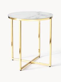 Runder Beistelltisch Antigua mit Glasplatte in Marmor-Optik, Tischplatte: Glas, matt bedruckt, Gestell: Metall, vermessingt, Marmor-Optik Weiss, Goldfarben, Ø 45 x H 50 cm