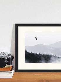 Stampa digitale incorniciata Bird Flying Over Misty Hills, Immagine: stampa digitale su carta,, Cornice: legno, verniciato, Nero, bianco, Larg. 43 x Alt. 33 cm