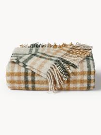 Geruite plaid Timothy met franjes, 53% polyacryl, 20% polyester, 15% wol, 12% polyamide, Lichtbeige, lichtbruin, donkergroen, B 130 x H 170 cm