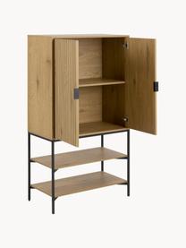 Highboard Jaipur mit geriffelter Front, Hellbeige, Schwarz, B 80 x H 140 cm