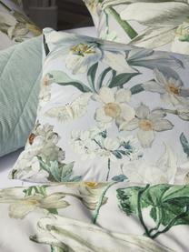 Fluwelen kussen Rosalee met bloemenpatroon, met vulling, Polyester fluweel, Lichtgrijs, wit, beige- en groentinten, 50 x 50 cm