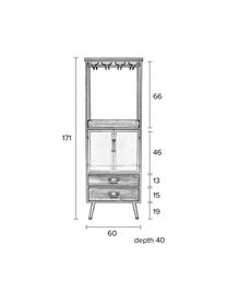 Weinregal Damian aus Holz und Metall, Schrank, Schubladen: TannenholzGestell, Griffe, Weinglashalter: Grau, 60 x 171 cm