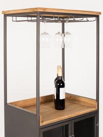 Wijnrek Damian van hout en metaal, Kast, lades: dennenhoutkleurig. Frame, handvatten, wijnglashouder: grijs, 60 x 171 cm