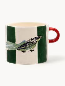 Tazza dipinta a mano Love Bird, Ceramica, Bianco crema, verde scuro, corallo, Ø 10 x Alt. 9 cm, 500 ml