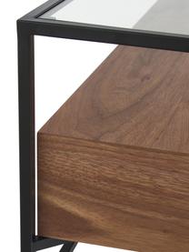 Tavolino da salotto con cassetti Helix, Struttura: metallo verniciato a polv, Base e piano d'appoggio: vetro, Nero, marrone, Larg. 120 x Alt. 40 cm