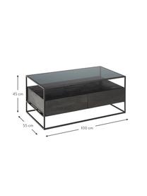 Holz-Couchtisch Theodor mit Schubladen, Tischplatte: Glas, Gestell: Metall, pulverbeschichtet, Mangoholz, Schwarz, B 100 x T 55 cm