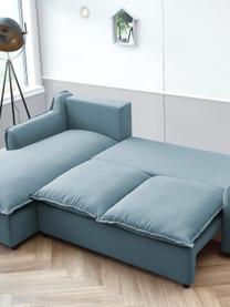 Divano letto angolare in tessuto blu grigio con contenitore Mona, Rivestimento: 100% poliestere idrorepel, Struttura: legno, truciolato, Piedini: plastica, Blu grigio, Larg. 230 x Prof. 170 cm