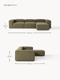 Modulares Sofa Lennon (4-Sitzer) mit Hocker, Bezug: 100 % Polyester Der strap, Gestell: Massives Kiefernholz, Spe, Webstoff Olivgrün, B 329 x T 207 cm