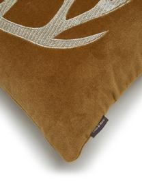 Fluwelen kussen Embroidered Antler met hert motief in geel, Mosterdgeel, wit, B 30 x L 50 cm