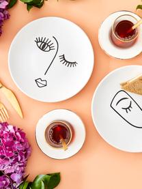 Handgemachte Frühstücksteller Face mit One-Line-Zeichnung, 6er-Set, Keramik, Weiß, Schwarz, Ø 20 cm