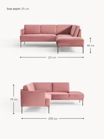 Divano angolare in velluto Fluente, Rivestimento: velluto (copertura in pol, Struttura: legno di pino massiccio, Piedini: metallo verniciato a polv, Velluto rosa antico, Larg. 221 x Prof. 200 cm, chaise longue a destra