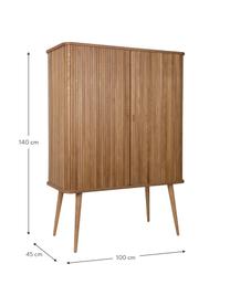 Highboard Barbier mit Schiebetür und geriffelter Front, Korpus: Mitteldichte Holzfaserpla, Einlegeböden: Hartglas, Eschenholz, B 100 x H 140 cm