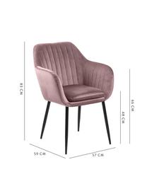 Silla de terciopelo con reposabrazos Emilia, Tapizado: terciopelo de poliéster 2, Patas: metal pintado, Terciopelo rosa, patas negro, An 57 x F 59 cm