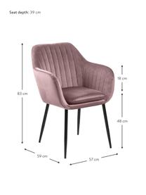 Sametová židle s područkami a kovovými nohami Emilia, Růžová, černá, Š 57 cm, H 59 cm