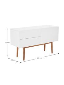 Dressoir High on Wood in wit hoogglans, Frame: PU gelakt MDF, Poten: massief eikenhout, Wit, naturel, B 120 x H 72 cm