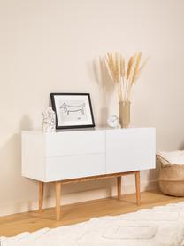 Dressoir High on Wood in wit hoogglans, Frame: PU gelakt MDF, Poten: massief eikenhout, Wit, naturel, B 120 x H 72 cm