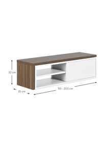 Meuble TV avec porte coulissante Lieke, Noyer, blanc, larg. de 110 à 203 x haut. 32 cm