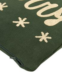 Federa arredo a maglia color verde/dorato con scritta Merry, 100% cotone, Verde, dorato, Larg. 40 x Lung. 40 cm