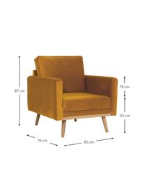 Fluwelen fauteuil Saint in mosterdgeel met eikenhouten poten, Bekleding: fluweel (polyester), Frame: massief eikenhout, spaanp, Fluweel mosterdgeel, B 85 x D 76 cm