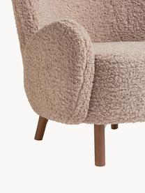 Fauteuil à oreilles Kalia, Tissu peluche taupe, bois de hêtre foncé, larg. 78 x prof. 80 cm