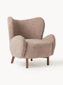 Fauteuil à oreilles Kalia, Tissu peluche taupe, bois de hêtre foncé, larg. 78 x prof. 80 cm