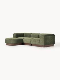 Modulares Sofa Natalie (3-Sitzer) aus Teddy-Bouclé mit Hocker, Bezug: Teddy-Bouclé (100 % Polye, Gestell: mitteldichte Holzfaserpla, Sockel: Massives Buchenholz, lack, Teddy-Bouclé Dunkelgrün, dunkles Buchenholz, B 283 x T 197 cm