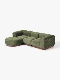 Modulares Sofa Natalie (3-Sitzer) aus Teddy-Bouclé mit Hocker, Bezug: Teddy-Bouclé (100 % Polye, Gestell: mitteldichte Holzfaserpla, Sockel: Massives Buchenholz, lack, Teddy-Bouclé Dunkelgrün, dunkles Buchenholz, B 283 x T 197 cm