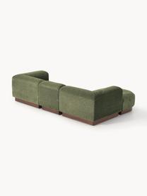 Modulares Sofa Natalie (3-Sitzer) aus Teddy-Bouclé mit Hocker, Bezug: Teddy-Bouclé (100 % Polye, Gestell: mitteldichte Holzfaserpla, Sockel: Massives Buchenholz, lack, Teddy-Bouclé Dunkelgrün, dunkles Buchenholz, B 283 x T 197 cm