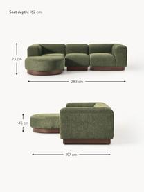 Modulares Sofa Natalie (3-Sitzer) aus Teddy-Bouclé mit Hocker, Bezug: Teddy-Bouclé (100 % Polye, Gestell: mitteldichte Holzfaserpla, Sockel: Massives Buchenholz, lack, Teddy-Bouclé Dunkelgrün, dunkles Buchenholz, B 283 x T 197 cm