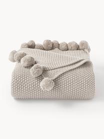 Coperta a maglia con pompon Molly, 100% cotone, Beige chiaro, Larg. 130 x Lung. 170 cm