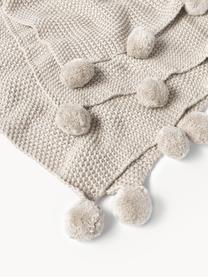 Coperta a maglia con pompon Molly, 100% cotone, Beige chiaro, Larg. 130 x Lung. 170 cm