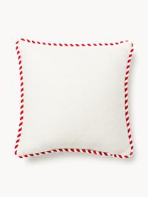 Coussin décoratif en laine avec motif hivernal Jova, Blanc cassé, rouge, larg. 33 x long. 33 cm