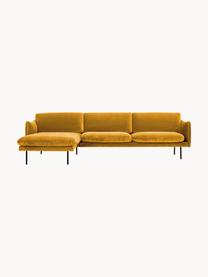 Samt-Ecksofa Moby, Bezug: Samt (Hochwertiger Polyes, Gestell: Massives Kiefernholz, FSC, Füße: Metall, pulverbeschichtet, Samt Senfgelb, B 280 x T 160 cm, Eckteil links